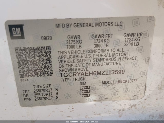 Aukcja sprzedaży 2021 Chevrolet Silverado K1500, vin: 1GCRYAEH6MZ113599, numer aukcji: 45944141