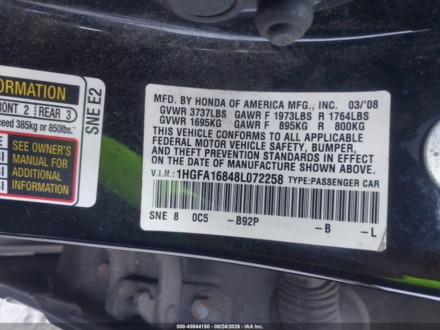 Продажа на аукционе авто 2008 Honda Civic Ex, vin: 1HGFA16848L072258, номер лота: 45944150