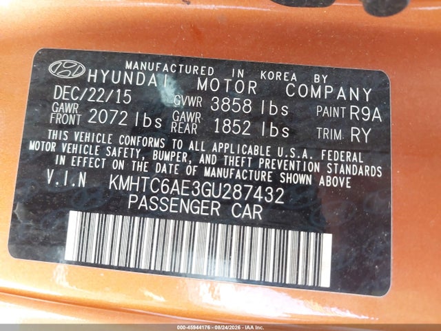 2016 Hyundai Veloster Turbo მანქანა იყიდება აუქციონზე, vin: KMHTC6AE3GU287432, აუქციონის ნომერი: 45944176