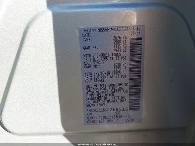 45944180 :رقم المزاد ، 5N1DR3CC8SC268516 vin ، 2025 Nissan Pathfinder Sl 4wd مزاد بيع