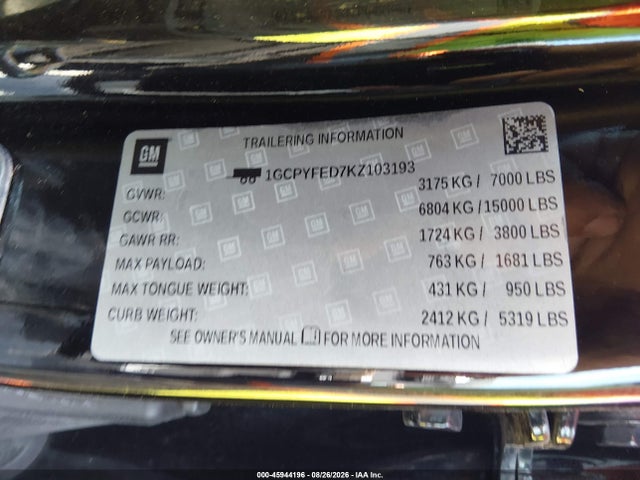 Продаж на аукціоні авто 2019 Chevrolet Silverado 1500 Lt Trail Boss, vin: 1GCPYFED7KZ103193, номер лоту: 45944196