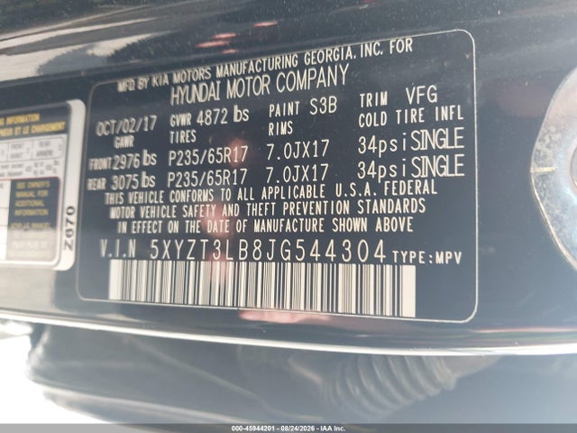 45944201 :رقم المزاد ، 5XYZT3LB8JG544304 vin ، 2018 Hyundai Santa Fe Sport 2.4l مزاد بيع