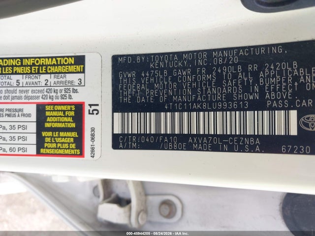 Aukcja sprzedaży 2020 Toyota Camry Le, vin: 4T1C11AK8LU993613, numer aukcji: 45944205