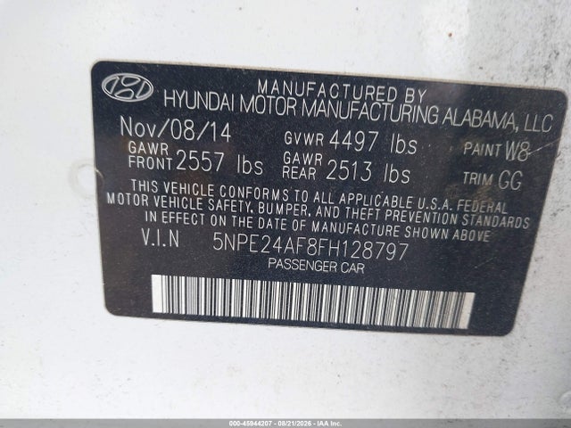 45944207 :رقم المزاد ، 5NPE24AF8FH128797 vin ، 2015 Hyundai Sonata Se مزاد بيع