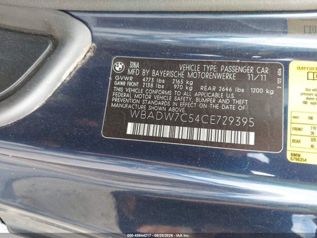 Продажа на аукционе авто 2012 Bmw 328i, vin: WBADW7C54CE729395, номер лота: 45944217