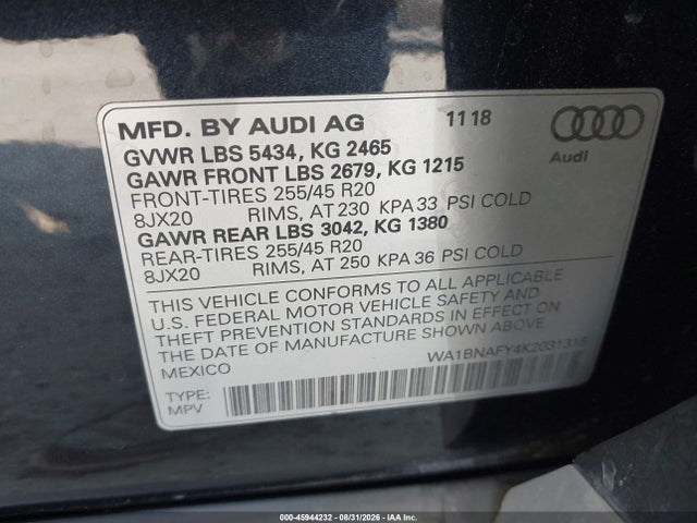 2019 Audi Q5 45 Premium მანქანა იყიდება აუქციონზე, vin: WA1BNAFY4K2031315, აუქციონის ნომერი: 45944232