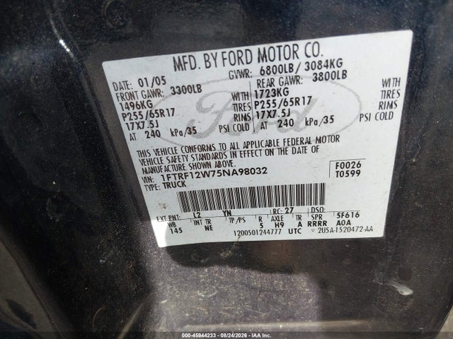 45944233 :رقم المزاد ، 1FTRF12W75NA98032 vin ، 2005 Ford F-150 Stx/xl/xlt مزاد بيع