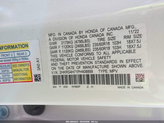 Продажа на аукционе авто 2023 Honda Cr-v Ex-l Awd, vin: 2HKRS4H71PH408899, номер лота: 45944234
