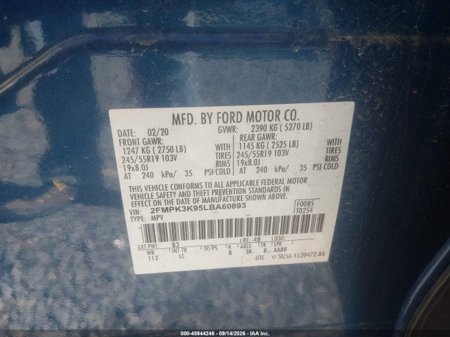 Продажа на аукционе авто 2020 Ford Edge Titanium, vin: 2FMPK3K95LBA60893, номер лота: 45944246