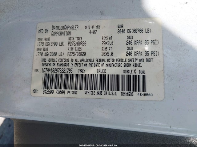 Продаж на аукціоні авто 2007 Dodge Ram 1500 Slt, vin: 1D7HA18267S221795, номер лоту: 45944255