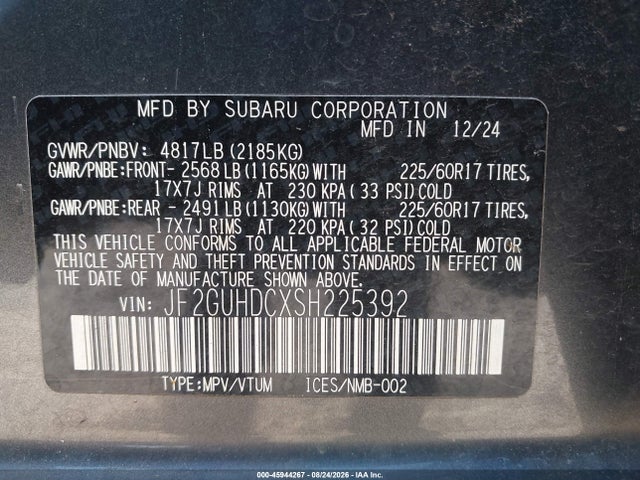 45944267 :رقم المزاد ، JF2GUHDCXSH225392 vin ، 2025 Subaru Crosstrek Premium مزاد بيع