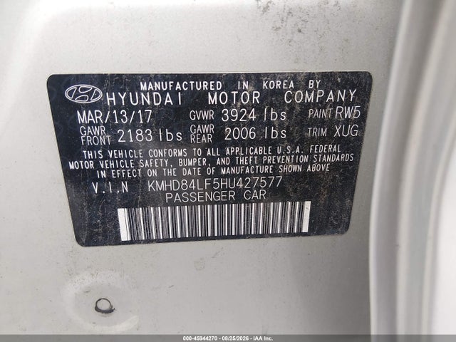 Продаж на аукціоні авто 2017 Hyundai Elantra Value Edition, vin: KMHD84LF5HU427577, номер лоту: 45944270