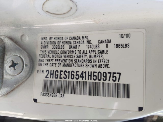 2001 Honda Civic Lx მანქანა იყიდება აუქციონზე, vin: 2HGES16541H509757, აუქციონის ნომერი: 45944273