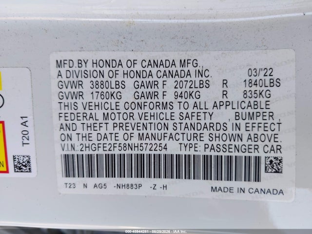 Honda Civic Sport 2022 2HGFE2F58NH572254 Image 9