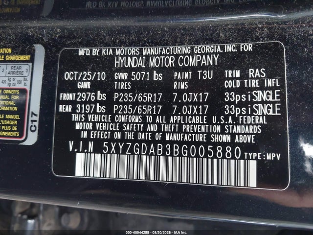 2011 Hyundai Santa Fe Gls მანქანა იყიდება აუქციონზე, vin: 5XYZGDAB3BG005880, აუქციონის ნომერი: 45944289