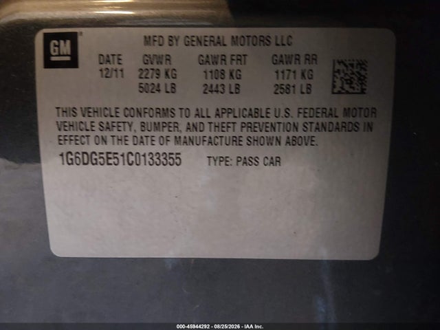 Aukcja sprzedaży 2012 Cadillac Cts Luxury, vin: 1G6DG5E51C0133355, numer aukcji: 45944292