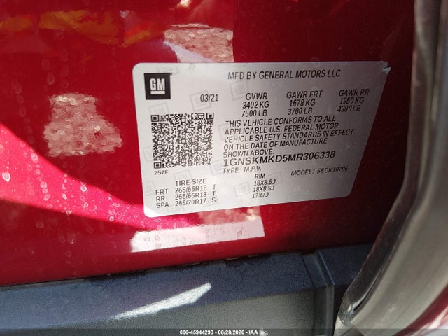45944293 :رقم المزاد ، 1GNSKMKD5MR306338 vin ، 2021 Chevrolet Tahoe 4wd Ls مزاد بيع