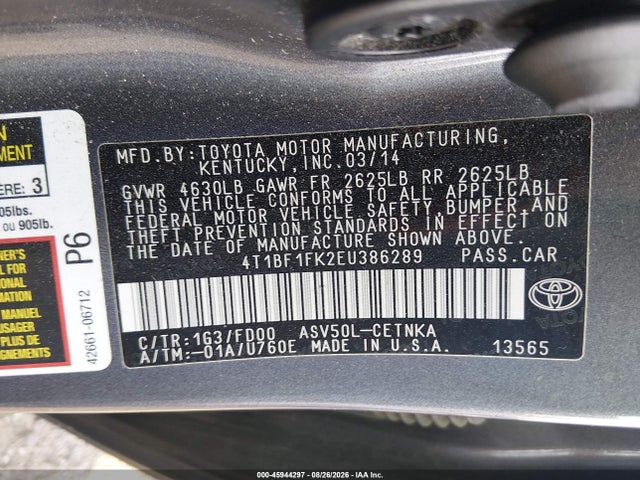2014 Toyota Camry Le მანქანა იყიდება აუქციონზე, vin: 4T1BF1FK2EU386289, აუქციონის ნომერი: 45944297