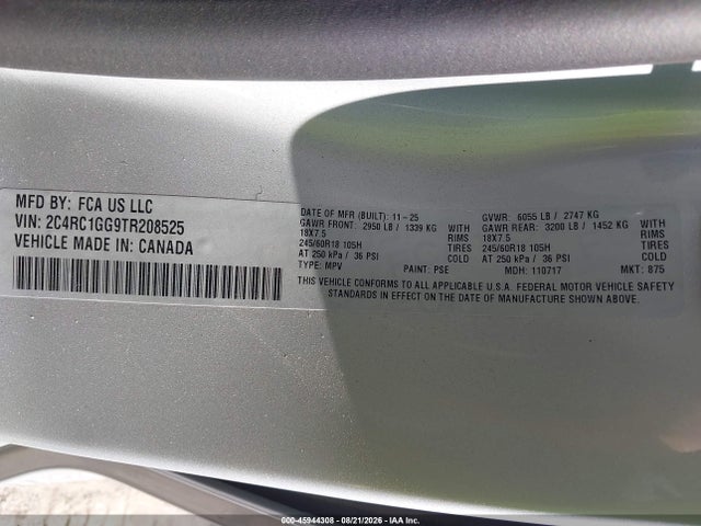 Aukcja sprzedaży 2026 Chrysler Pacifica Limited, vin: 2C4RC1GG9TR208525, numer aukcji: 45944308