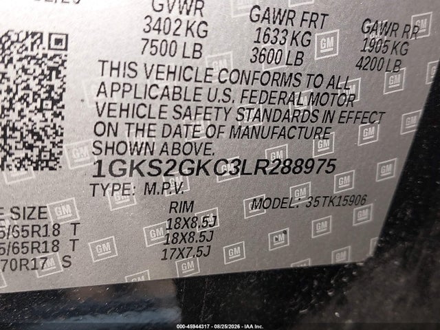 2020 Gmc Yukon Xl 4wd Slt მანქანა იყიდება აუქციონზე, vin: 1GKS2GKC3LR288975, აუქციონის ნომერი: 45944317