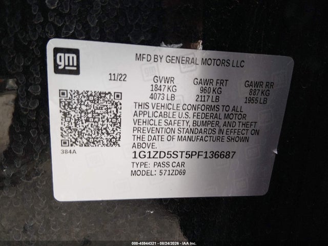45944321 :رقم المزاد ، 1G1ZD5ST5PF136687 vin ، 2023 Chevrolet Malibu Fwd 1lt مزاد بيع