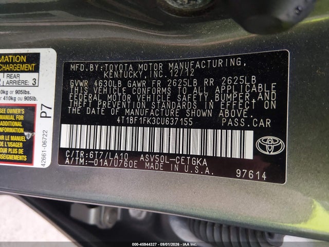 Продажа на аукционе авто 2012 Toyota Camry Xle, vin: 4T1BF1FK3CU637155, номер лота: 45944327