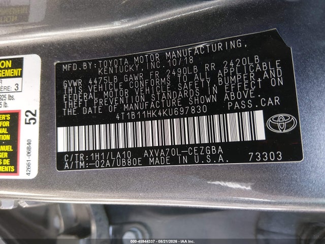 Продажа на аукционе авто 2019 Toyota Camry Xle, vin: 4T1B11HK4KU697830, номер лота: 45944337