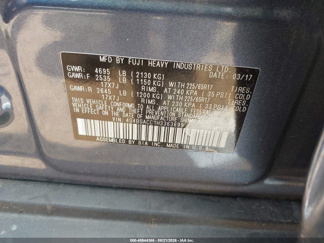 45944366 :رقم المزاد ، 4S4BSACC1H3363699 vin ، 2017 Subaru Outback 2.5i Premium مزاد بيع