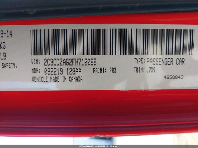 45944401 :رقم المزاد ، 2C3CDZAG2FH712066 vin ، 2015 Dodge Challenger Sxt مزاد بيع
