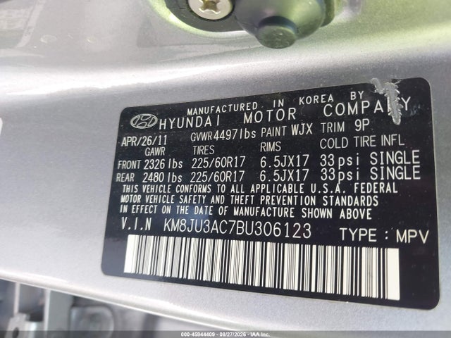 2011 Hyundai Tucson Gls მანქანა იყიდება აუქციონზე, vin: KM8JU3AC7BU306123, აუქციონის ნომერი: 45944409