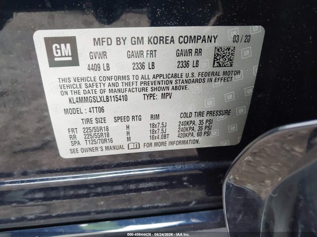 45944426 :رقم المزاد ، KL4MMGSLXLB115410 vin ، 2020 Buick Encore Gx Awd Essence مزاد بيع