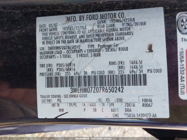 2007 Mercury Milan I4 (100a) მანქანა იყიდება აუქციონზე, vin: 3MEHM07Z07R650242, აუქციონის ნომერი: 45944432