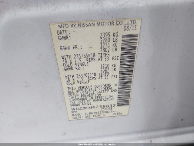 2015 Nissan Murano S მანქანა იყიდება აუქციონზე, vin: 5N1AZ2MHXFN258832, აუქციონის ნომერი: 45944439