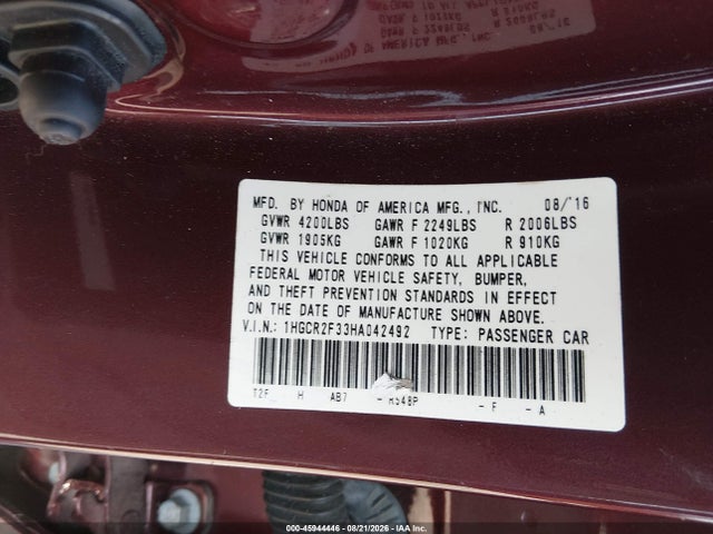 Продажа на аукционе авто 2017 Honda Accord Lx, vin: 1HGCR2F33HA042492, номер лота: 45944446