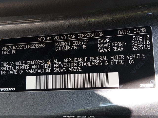 Aukcja sprzedaży 2019 Volvo S60 T6 Inscription, vin: 7JRA22TL0KG015593, numer aukcji: 45944454
