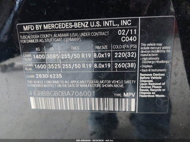 45944486 :رقم المزاد ، 4JGBB8GB0BA706001 vin ، 2011 Mercedes-benz Ml 350 4matic مزاد بيع