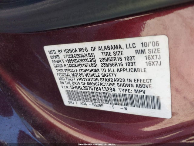45944488 :رقم المزاد ، 5FNRL38767B413294 vin ، 2007 Honda Odyssey Ex-l مزاد بيع