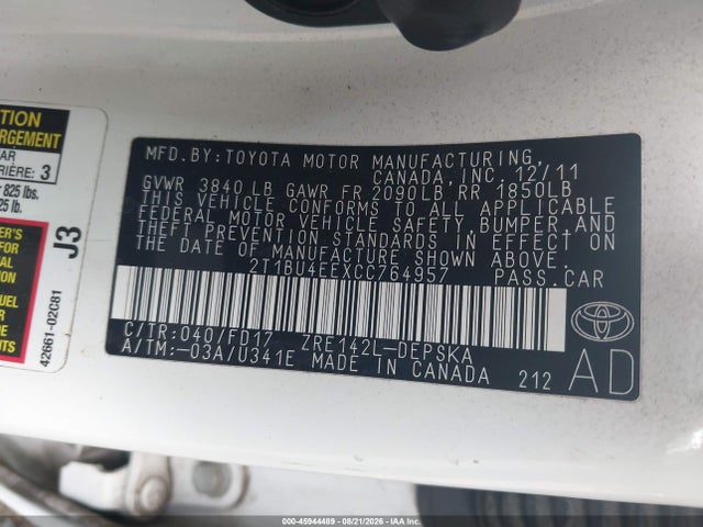 2012 Toyota Corolla S მანქანა იყიდება აუქციონზე, vin: 2T1BU4EEXCC764957, აუქციონის ნომერი: 45944489