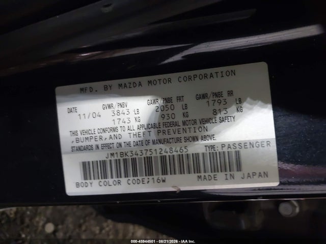 2005 Mazda Mazda3 S მანქანა იყიდება აუქციონზე, vin: JM1BK343751248465, აუქციონის ნომერი: 45944501