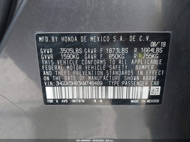 Продаж на аукціоні авто 2019 Honda Fit Ex, vin: 3HGGK5H83KM746489, номер лоту: 45944505
