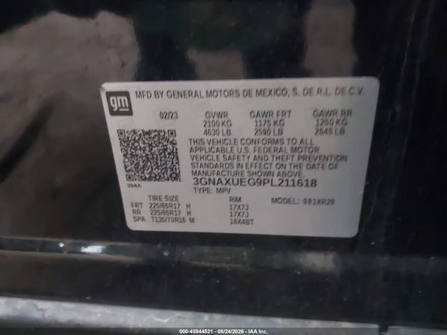 Продажа на аукционе авто 2023 Chevrolet Equinox Awd Lt, vin: 3GNAXUEG9PL211618, номер лота: 45944521
