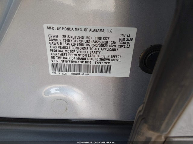 45944522 :رقم المزاد ، 5FNYF5H94KB011010 vin ، 2019 Honda Pilot Touring مزاد بيع