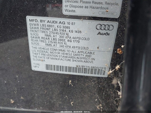 Продажа на аукционе авто 2008 Audi Q7 3.6 Premium, vin: WA1BY74L68D027815, номер лота: 45944526
