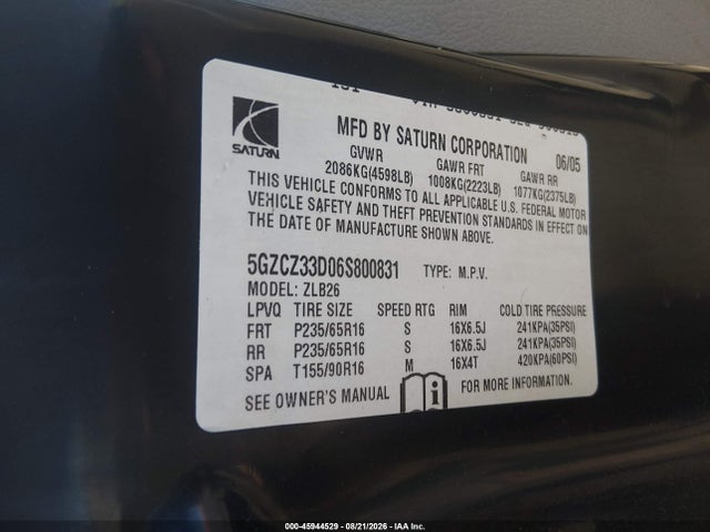 2006 Saturn Vue 4 Cyl მანქანა იყიდება აუქციონზე, vin: 5GZCZ33D06S800831, აუქციონის ნომერი: 45944529