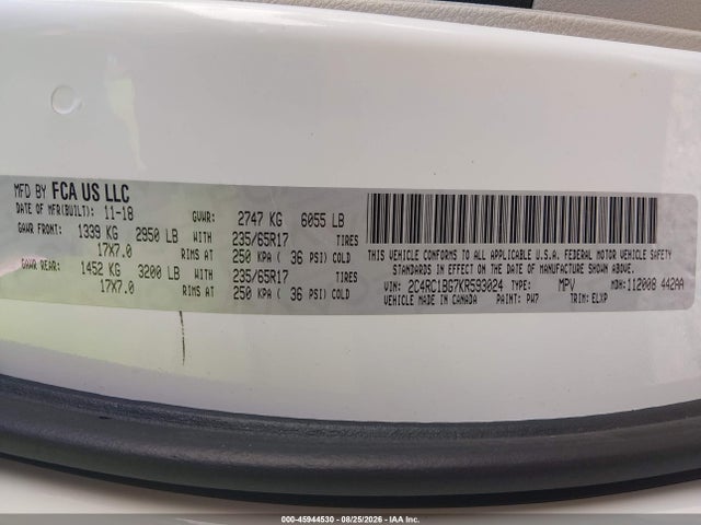 45944530 :رقم المزاد ، 2C4RC1BG7KR593024 vin ، 2019 Chrysler Pacifica Touring L مزاد بيع