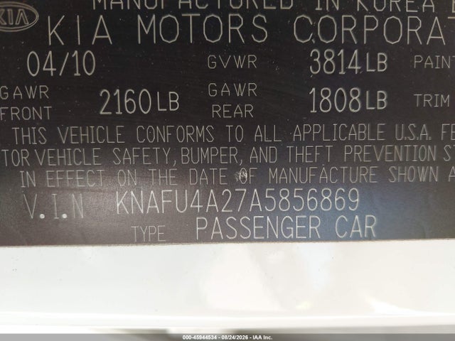 Aukcja sprzedaży 2010 Kia Forte Ex, vin: KNAFU4A27A5856869, numer aukcji: 45944534
