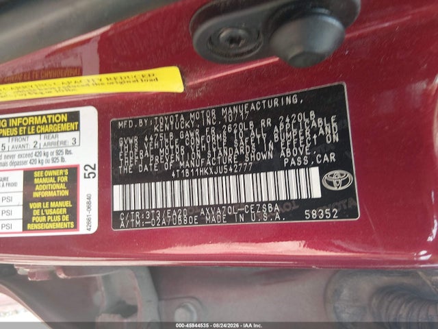 2018 Toyota Camry Se მანქანა იყიდება აუქციონზე, vin: 4T1B11HKXJU542777, აუქციონის ნომერი: 45944535