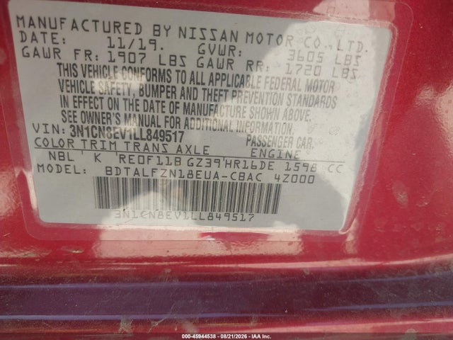 Aukcja sprzedaży 2020 Nissan Versa Sv Xtronic Cvt, vin: 3N1CN8EV1LL849517, numer aukcji: 45944538