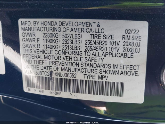 2022 Acura Rdx A-spec Advance Package/pmc Edition მანქანა იყიდება აუქციონზე, vin: 5J8TC2H8XNL006552, აუქციონის ნომერი: 45944541