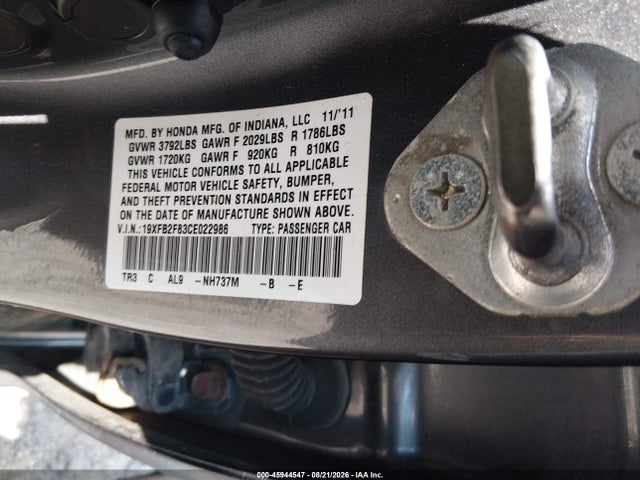 45944547 :رقم المزاد ، 19XFB2F83CE022986 vin ، 2012 Honda Civic Ex مزاد بيع